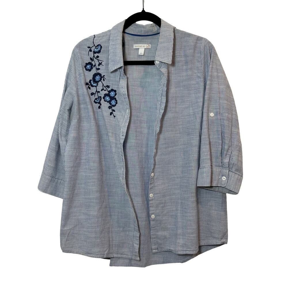 Westport 1962 Button Down Tunic 3/4 Sleeve Flowers Embroidery Trim Size L